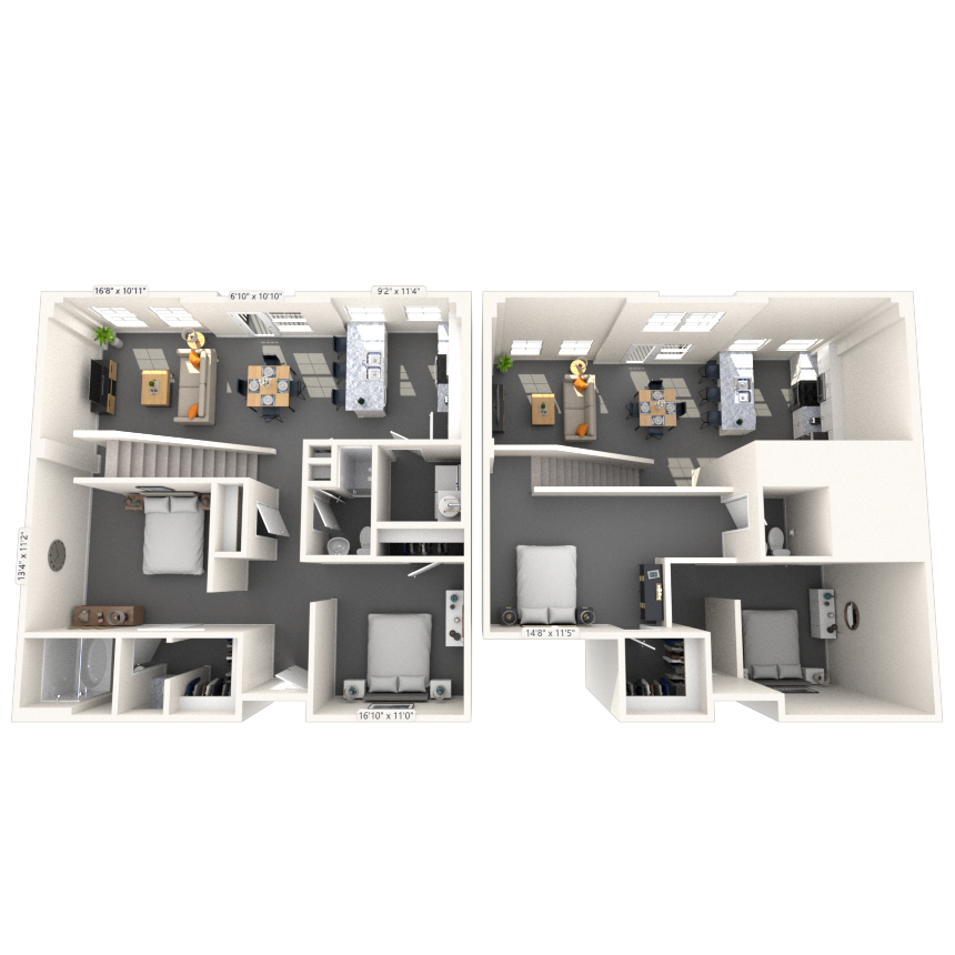 Floor plan for 2 beds, 2.5 baths, 1353 sqft